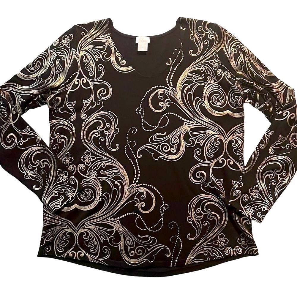 Chico’s black and metallic swirly print v-neck long sleeve sweater size M
